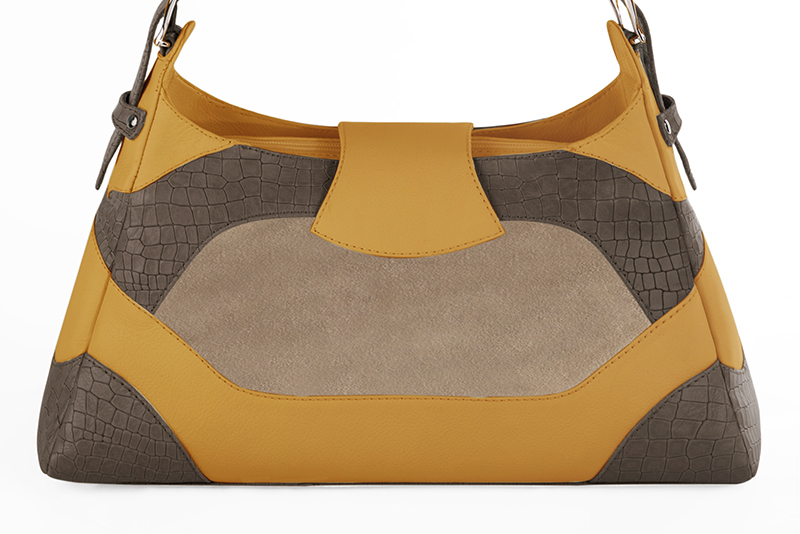 Dress handbag in taupe brown, tan beige and mustard yellow leather - Rear view
